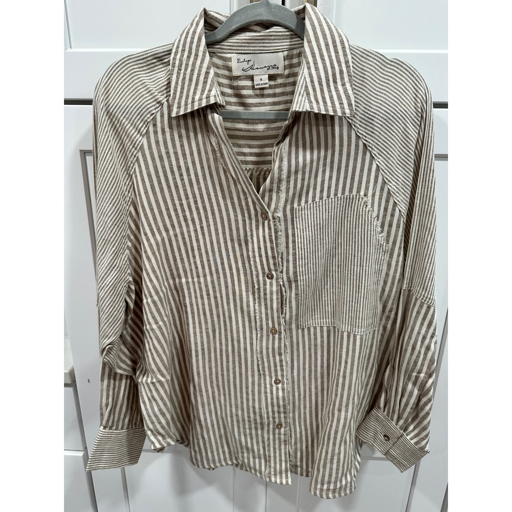 Vintage Havana Tan White Striped Cotton Button Down Shirt G13340 Small
